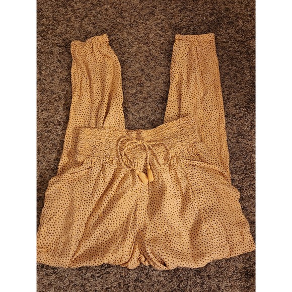 aerie Pants - Aerie Smocked Waist Boho Jogger Pants XS Yellow Dot Print Tassel Crinkle Gauze‎